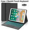 Black case and backlit touch keyboard for an iPad, shown in a closed position.