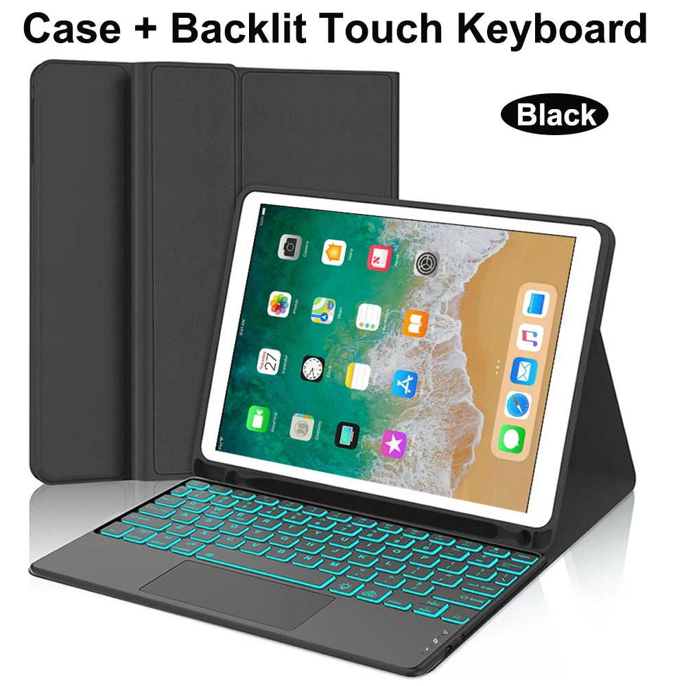 Black case and backlit touch keyboard for an iPad, shown in a closed position.