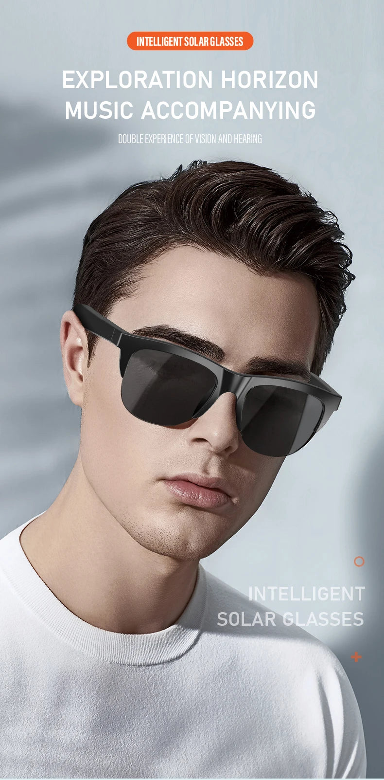 A man wearing black intelligent solar sunglasses outdoors.