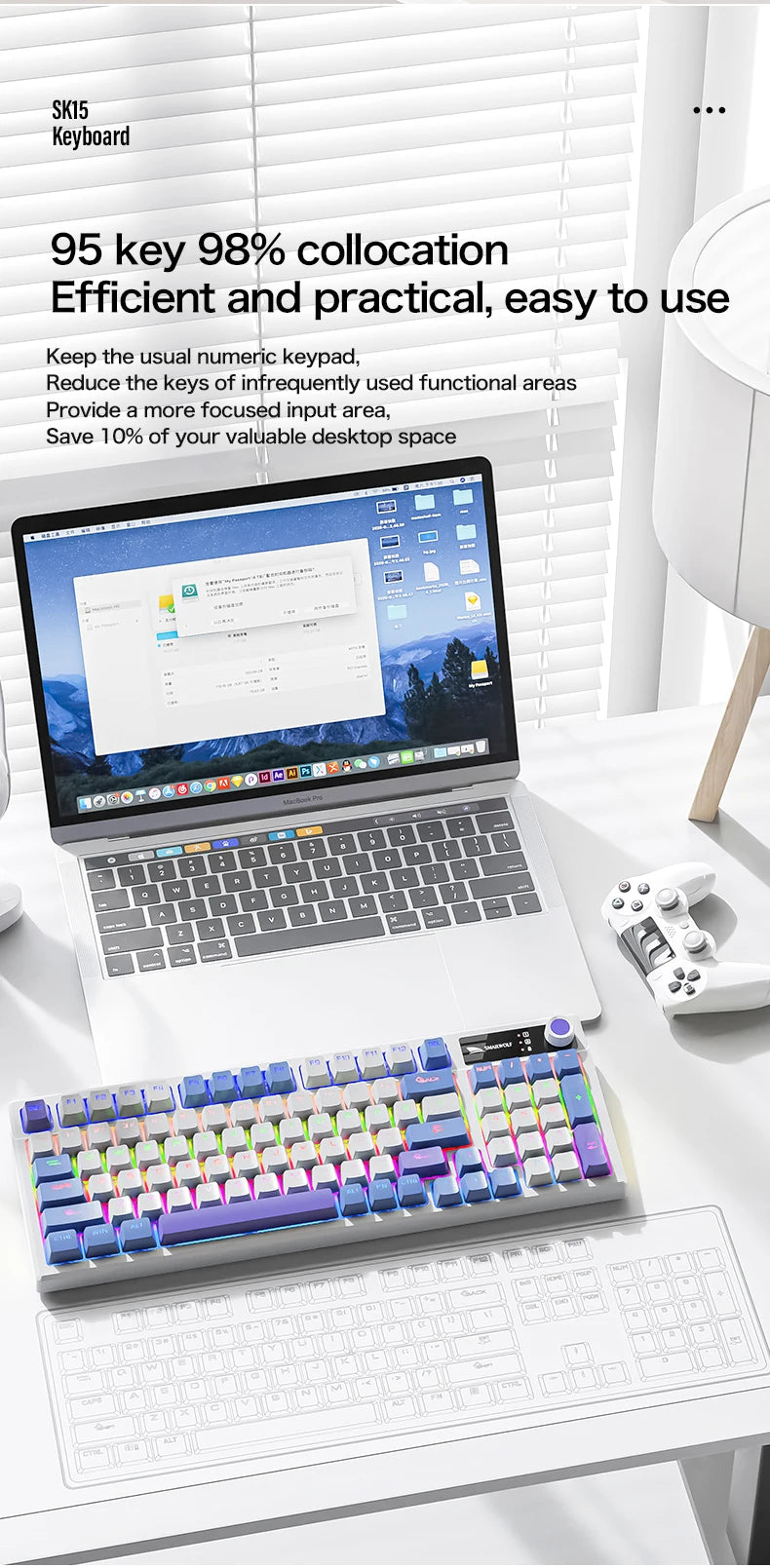 A close-up view of a purple and green wired mechanical keyboard with 98 keys resting on a white desk.