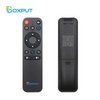 A black wireless gyro air mouse remote with various buttons and a matching body shown against a white background.