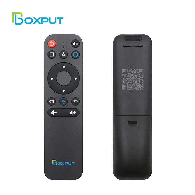 A black wireless gyro air mouse remote with various buttons and a matching body shown against a white background.