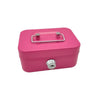 A pink metal key lock cash box with a sliding latch and a cylindrical lock mechanism.