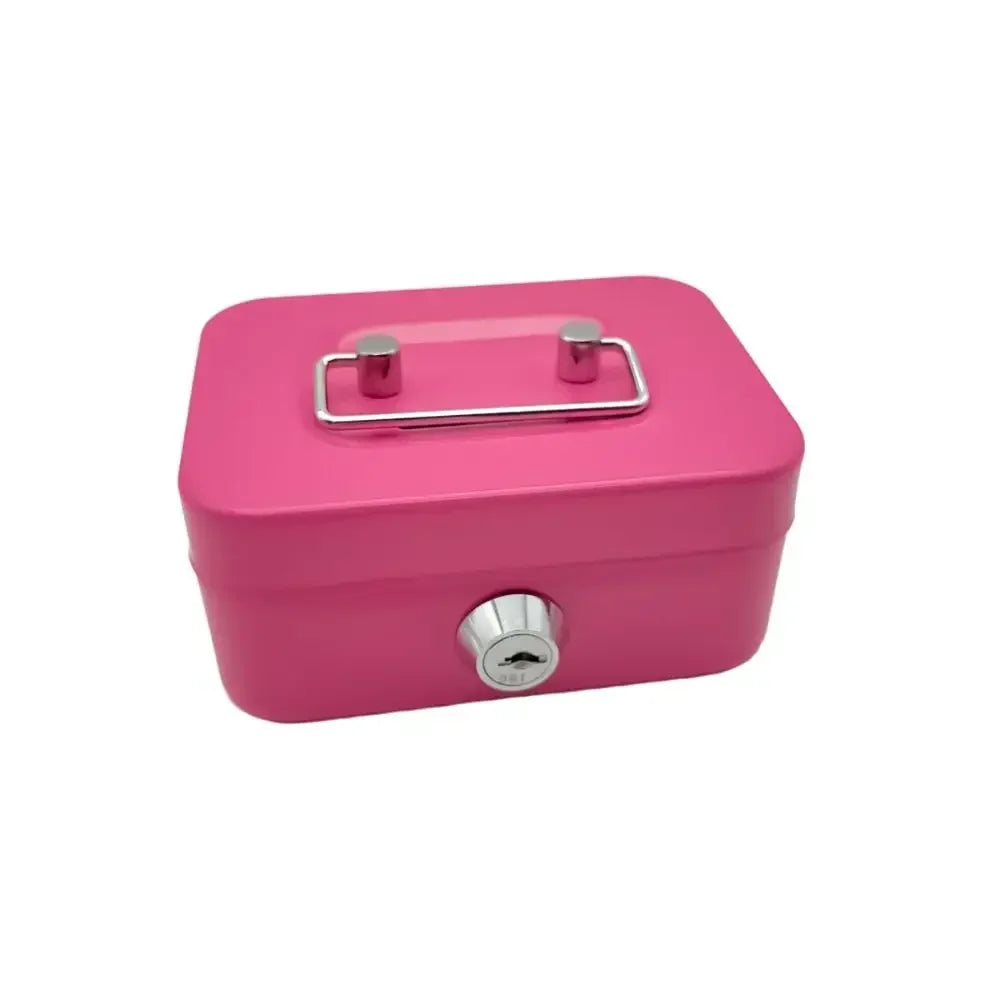 A pink metal key lock cash box with a sliding latch and a cylindrical lock mechanism.