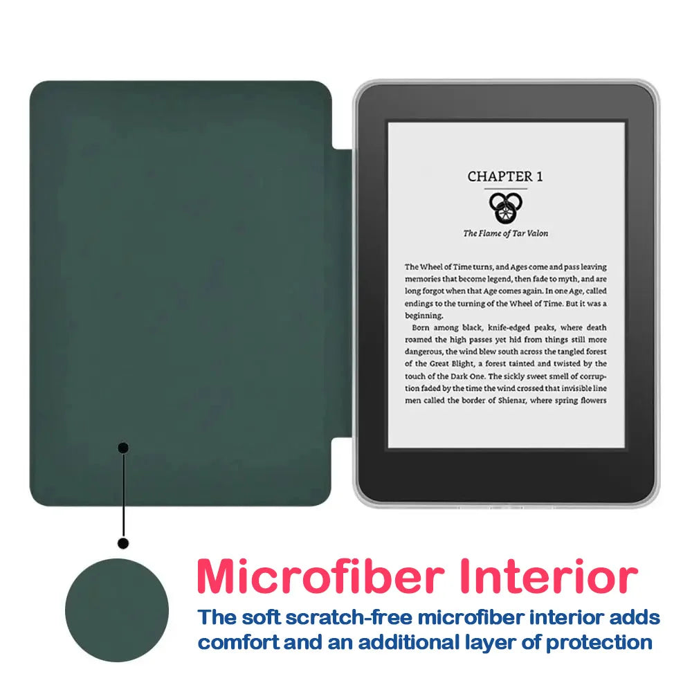 A dark green Kindle Paperwhite device shown with a matching protective case and a description of its microfiber interior.