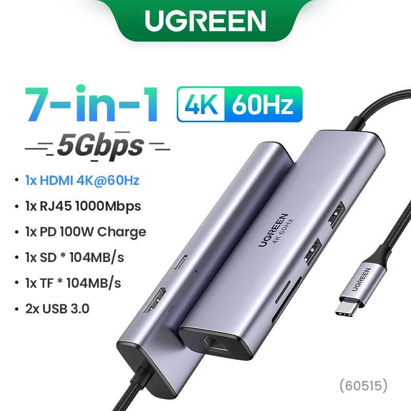 موزع متعدد المنافذ فضي 7 في 1 مزود بمنافذ HDMI وRJ45 وشحن PD وSD وTF وUSB 3.0