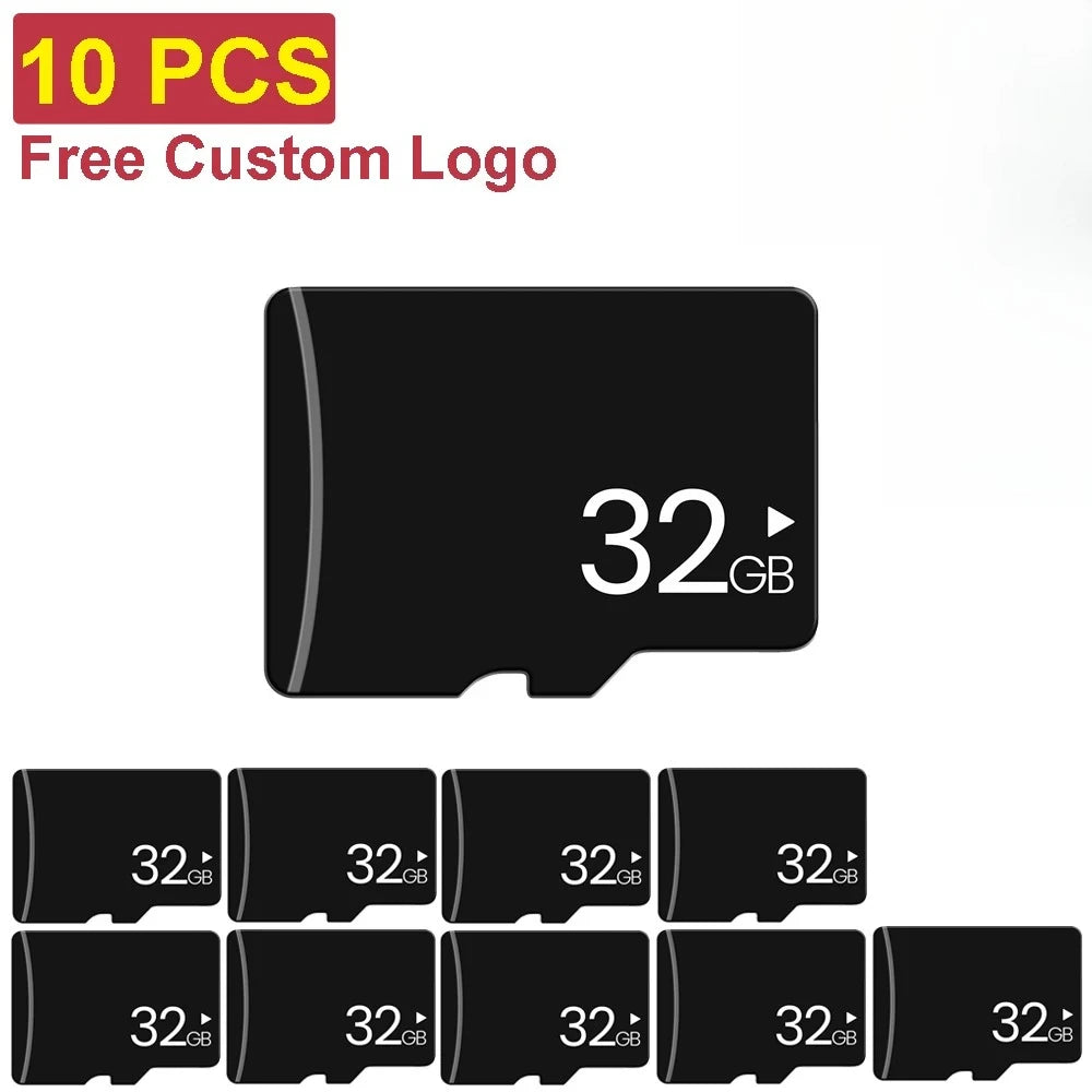 Ten black memory cards with 32GB capacity and free custom logo option
