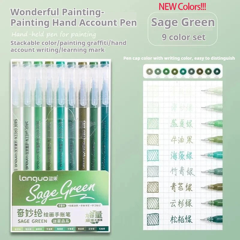A set of nine Sage Green hand-held pens for painting, including various shades and writing colors.