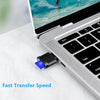 A silver laptop is shown with a USB-C to SD/TF card reader attached, featuring a blue light and a keychain clip.