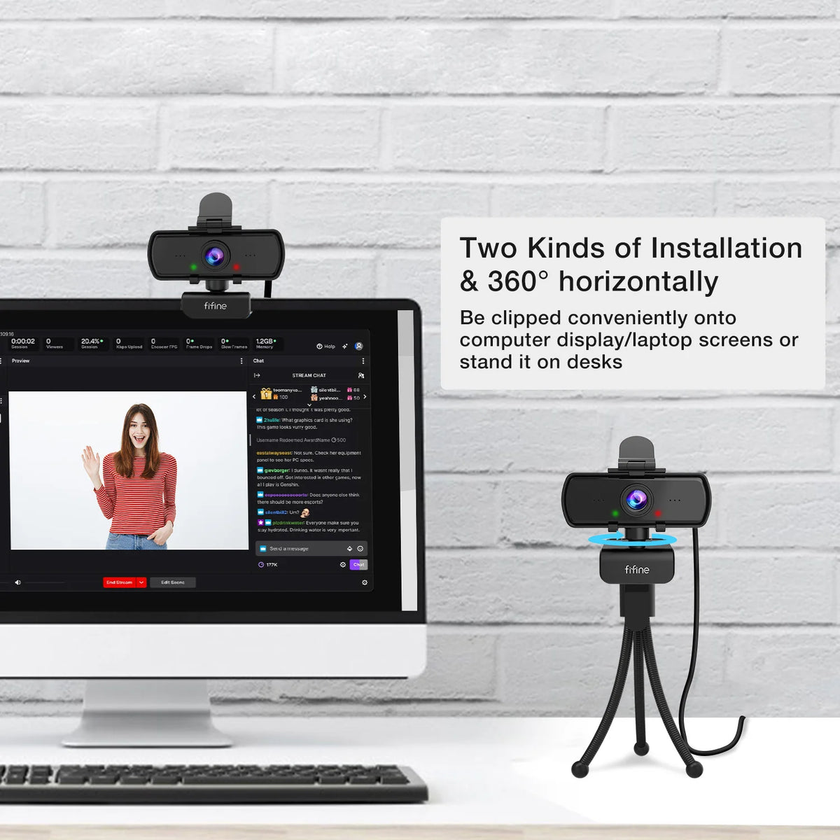 A black webcam is shown mounted on a tripod, demonstrating two installation methods for computer displays.
