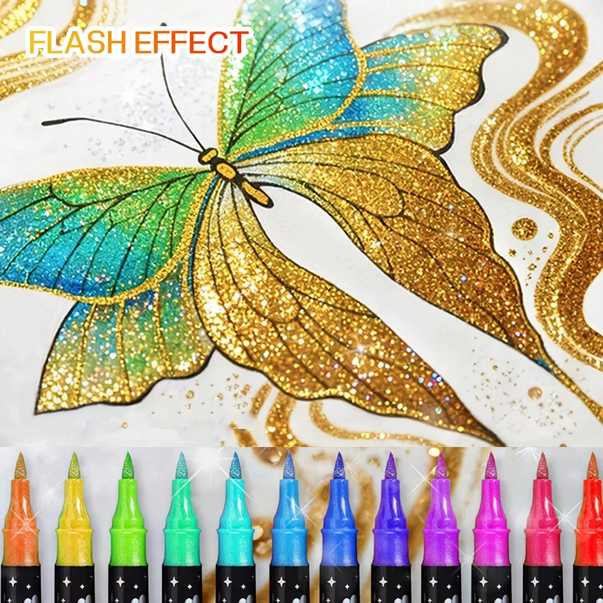 A vibrant golden glitter butterfly design on white paper with a row of dual-tip acrylic paint markers below.
