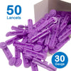 A pile of 50 purple sterile 30 gauge lancets for blood sugar testing.
