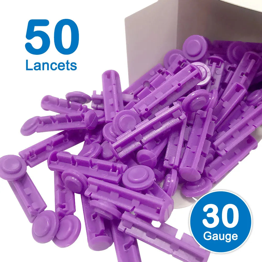 A pile of 50 purple sterile 30 gauge lancets for blood sugar testing.