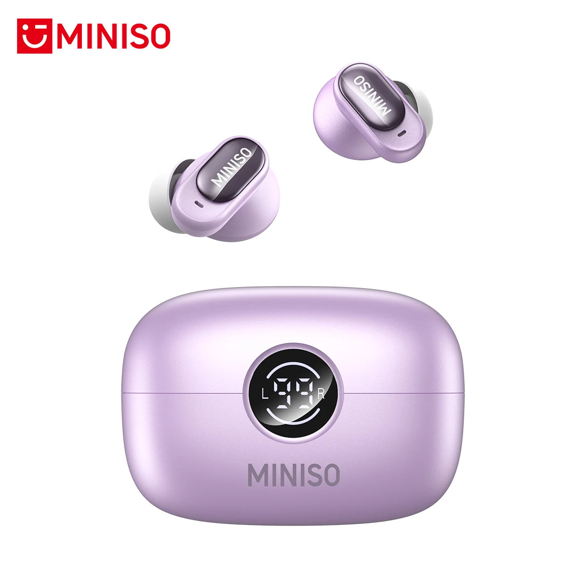 A pink MINISO Bluetooth earphone case and earphones shown in various angles.