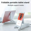 A pink tablet is supported by a foldable white stand, and an iPhone is supported by a similar white stand.