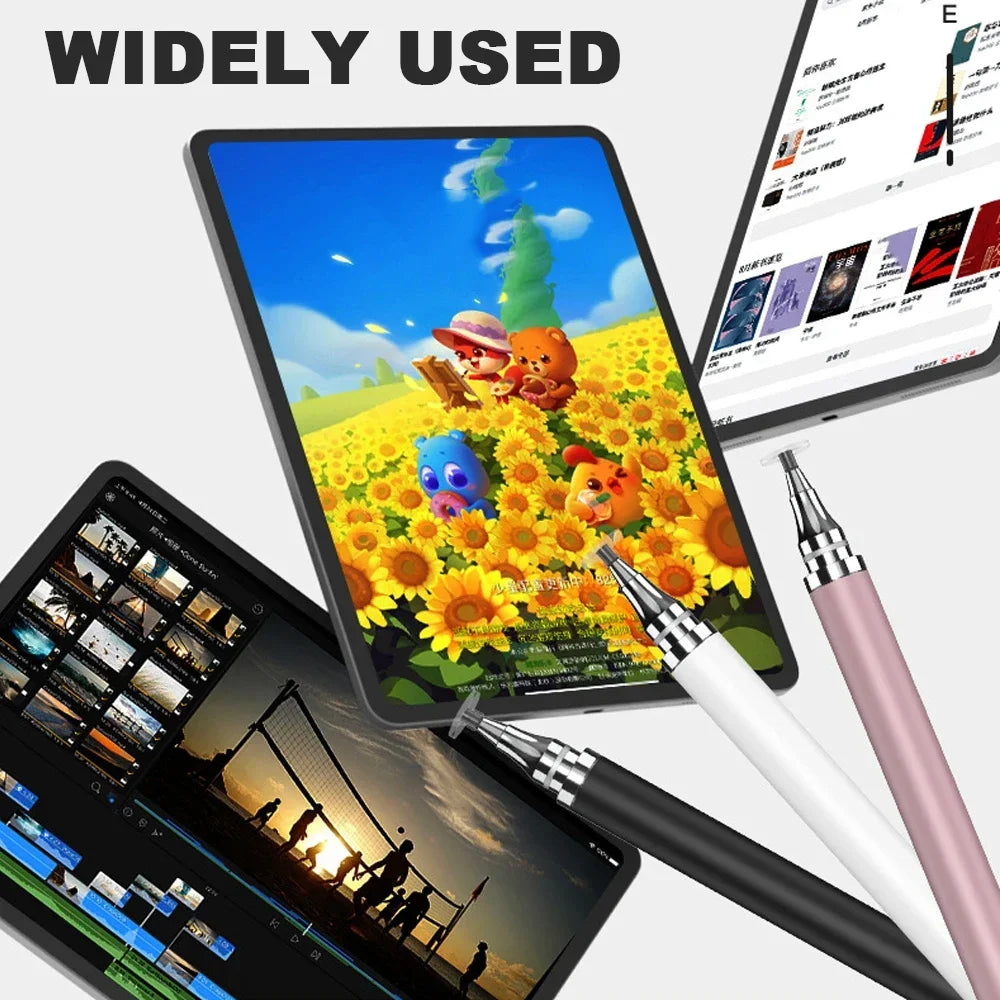 Una tableta digital mostrando un paisaje colorido, junto a un lápiz óptico y otra tableta.