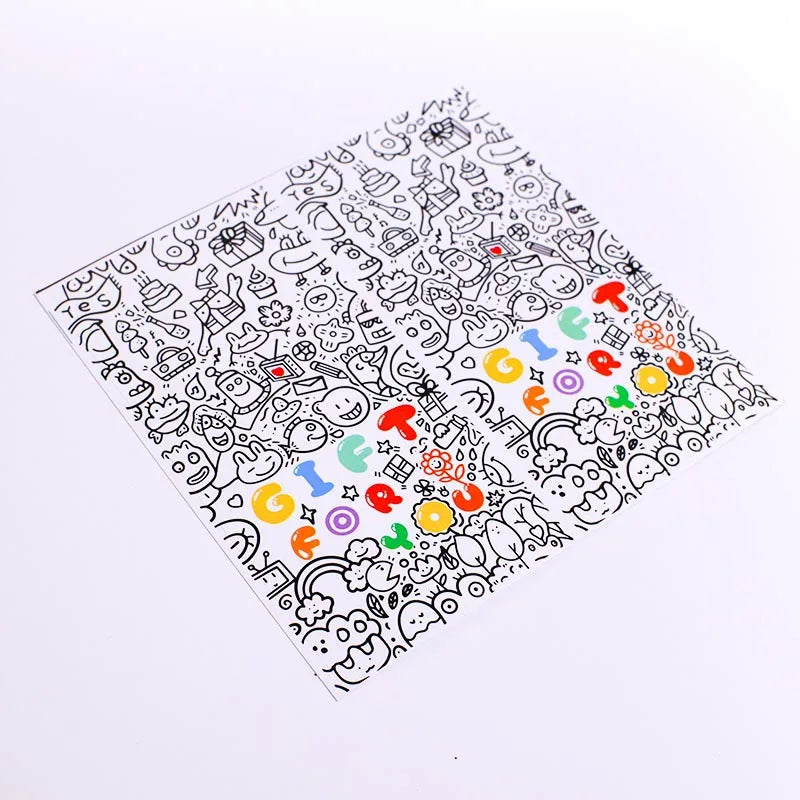 A sheet of rectangular thank you gift stickers featuring various doodle-style letters and symbols.