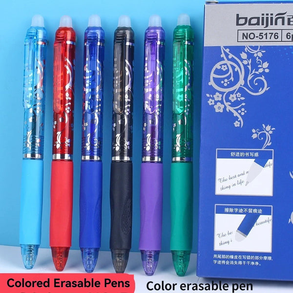 A set of six colored erasable retractable gel pens in various shades are displayed against a blue background.