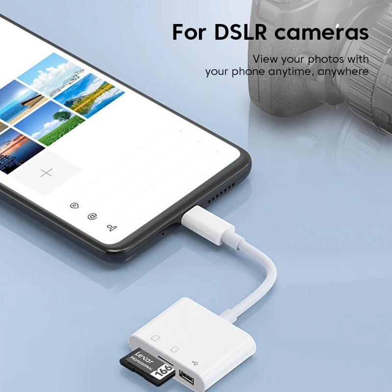 A white USB-C card reader adapter is shown connected to a smartphone, with text indicating it is for DSLR cameras.