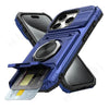 A blue magnetic ring kickstand phone case is shown with a credit card inside, resting on a dark phone case.
