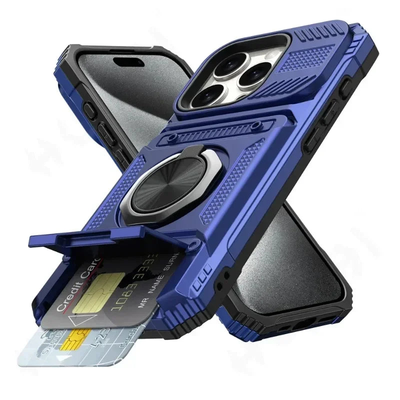A blue magnetic ring kickstand phone case is shown with a credit card inside, resting on a dark phone case.