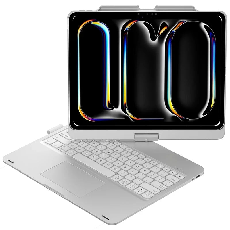 A silver 360° rotating keyboard case with a trackpad for an iPad Pro or Air is shown next to the device.
