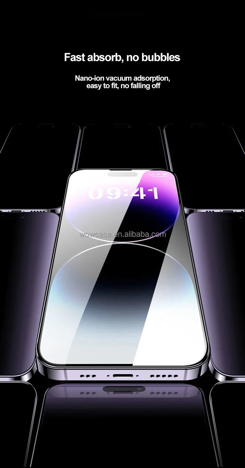 A close-up view of a smartphone screen protector being applied to an iPhone, highlighting its clear glass surface.