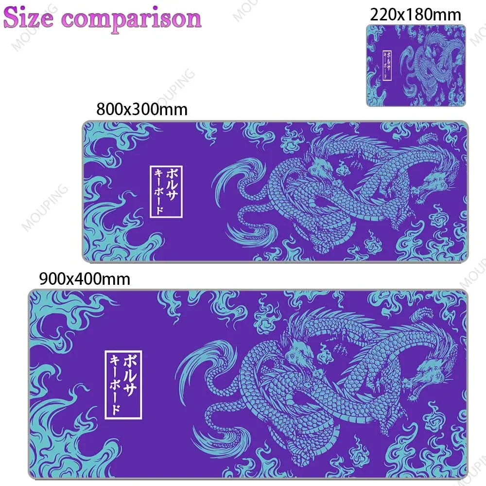 A purple gaming desk mat featuring a detailed blue dragon design and Japanese text.