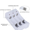 A white battery charger device showing the positive and negative battery slots and a USB charging interface.