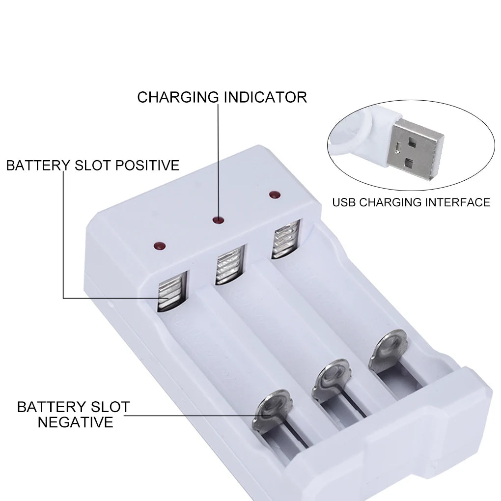 A white battery charger device showing the positive and negative battery slots and a USB charging interface.