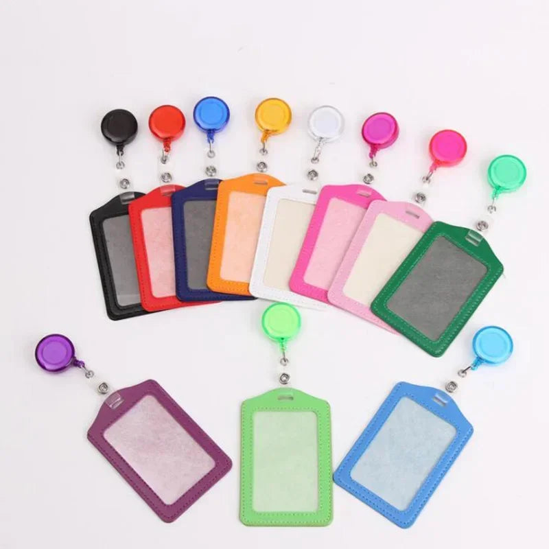 A collection of colorful retractable ID card holders with various colored PU leather badge cases.