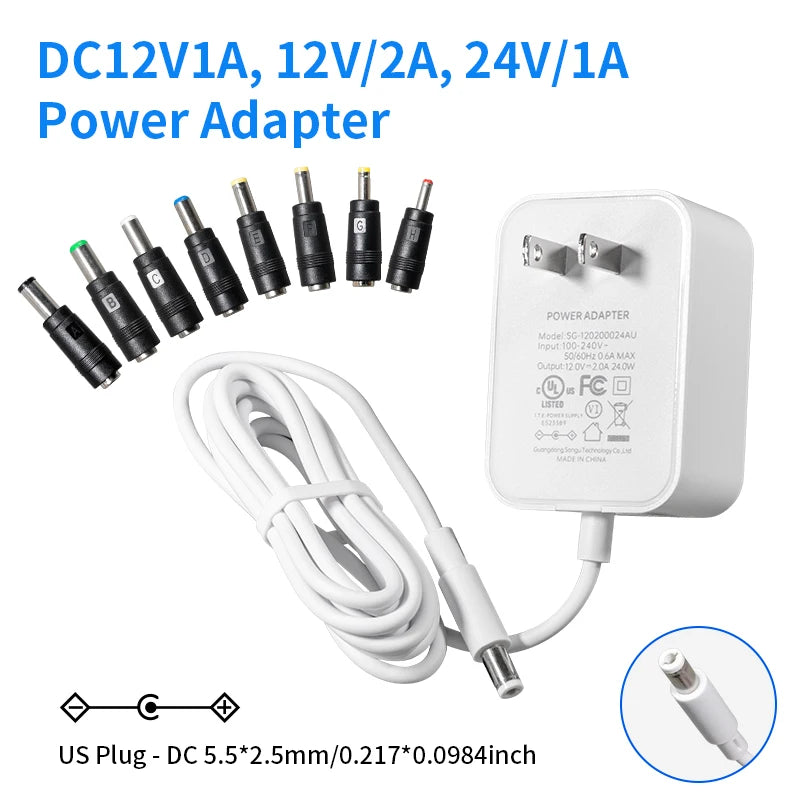 A white DC12V power adapter with a cord and US plug connector is shown.