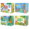 A set of colorful Busy Book activity books featuring animals and letters for toddlers.