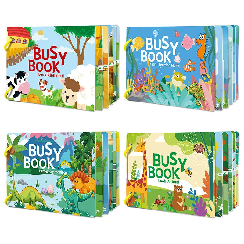 A set of colorful Busy Book activity books featuring animals and letters for toddlers.