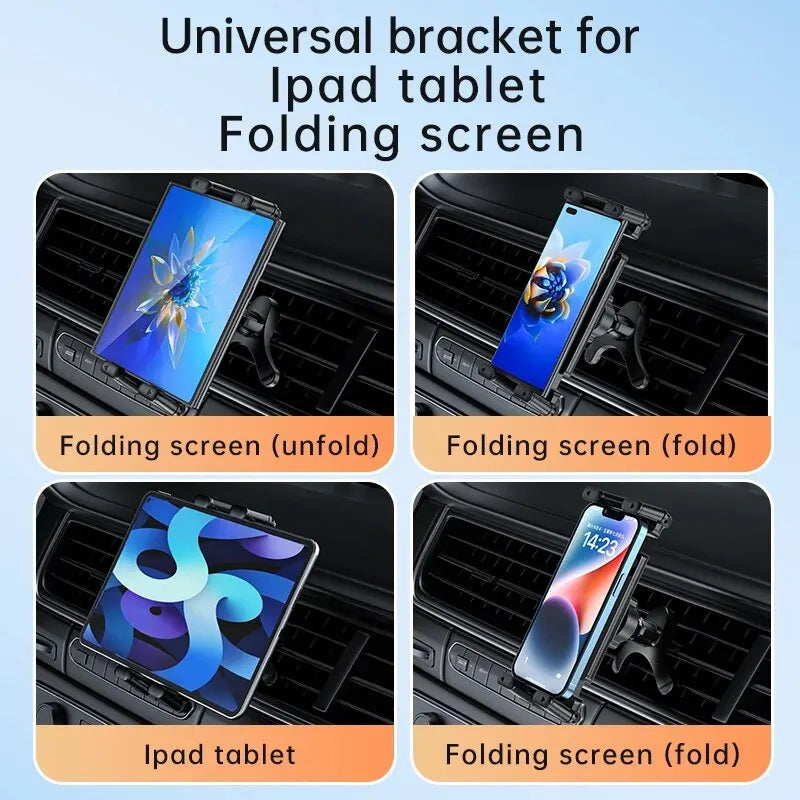 Universal bracket for iPad tablet folding screen shown in a car air vent mount context.