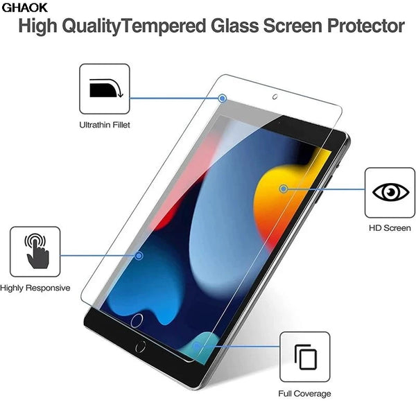 A high quality tempered glass screen protector for an iPad, showing its fit and coverage on the screen.