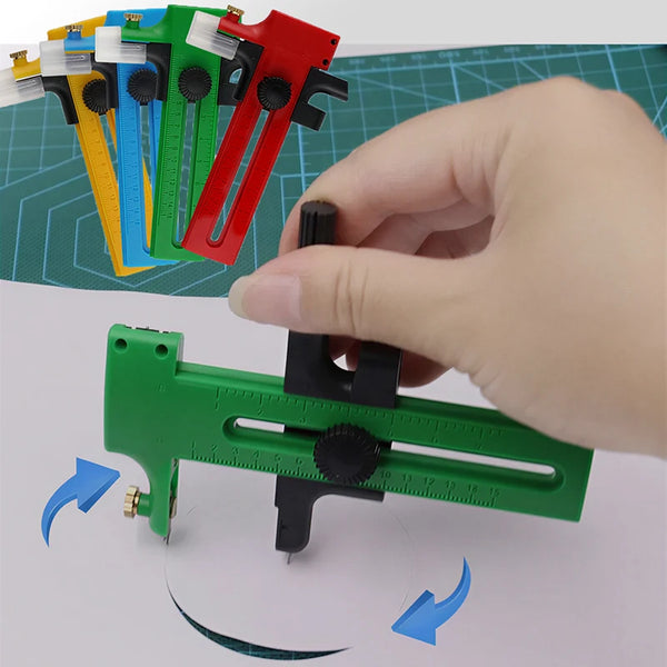 A hand is using an adjustable circle cutting tool for crafting, demonstrating its function with a green ruler.
