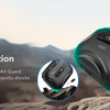 A black magnetic AirPods case with a FlickLock closure is shown against a blurred outdoor background.