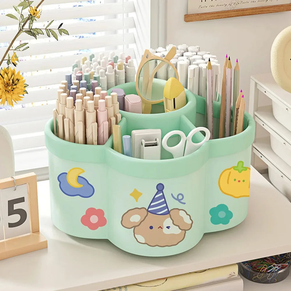 Helles grünes, rotierendes Desktop-Stiftehalter-Organizer gefüllt mit bunten Stiften und Bleistiften.