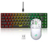 A white 60% wireless gaming keyboard and mouse combo with RGB backlight shown next to its USB receiver.