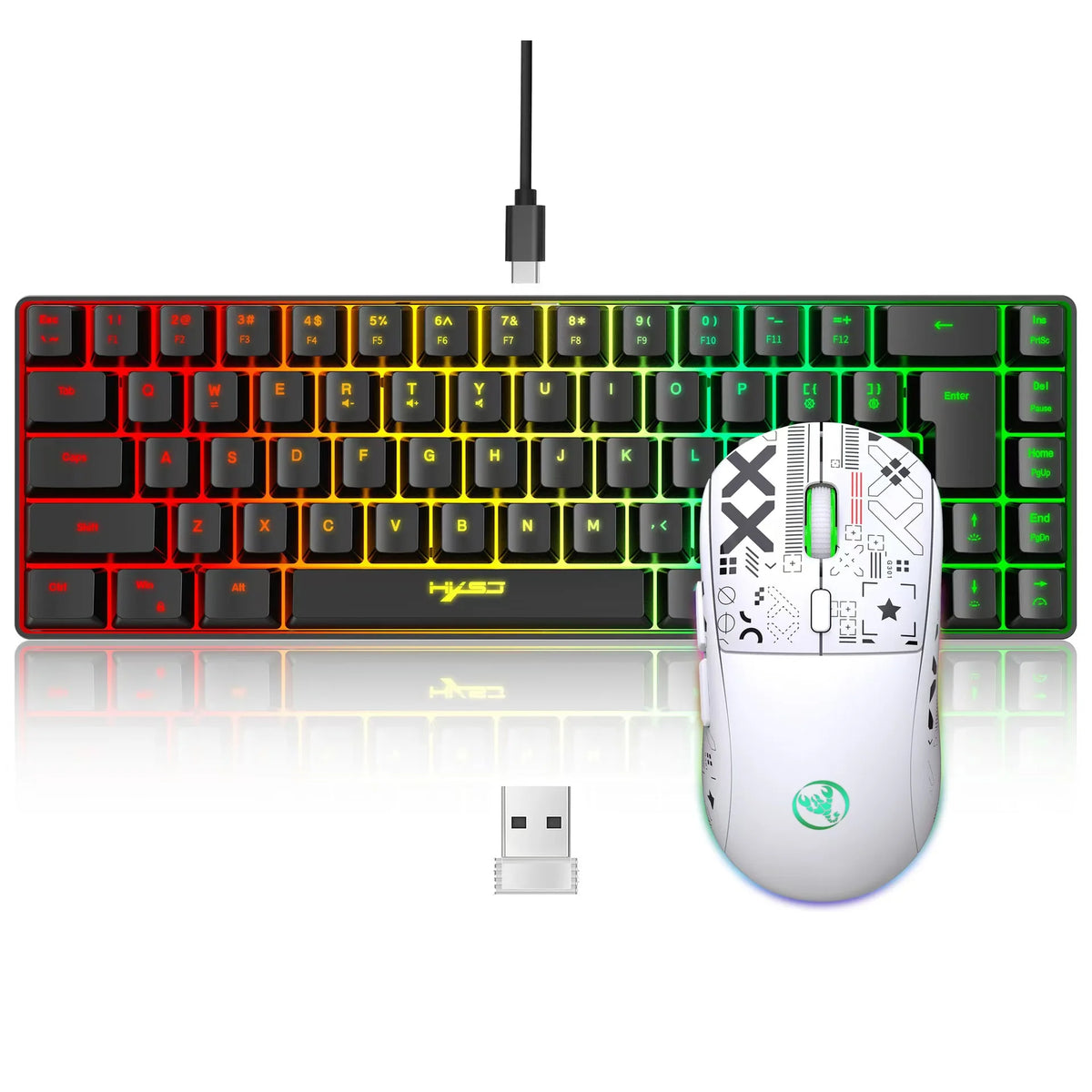 A white 60% wireless gaming keyboard and mouse combo with RGB backlight shown next to its USB receiver.