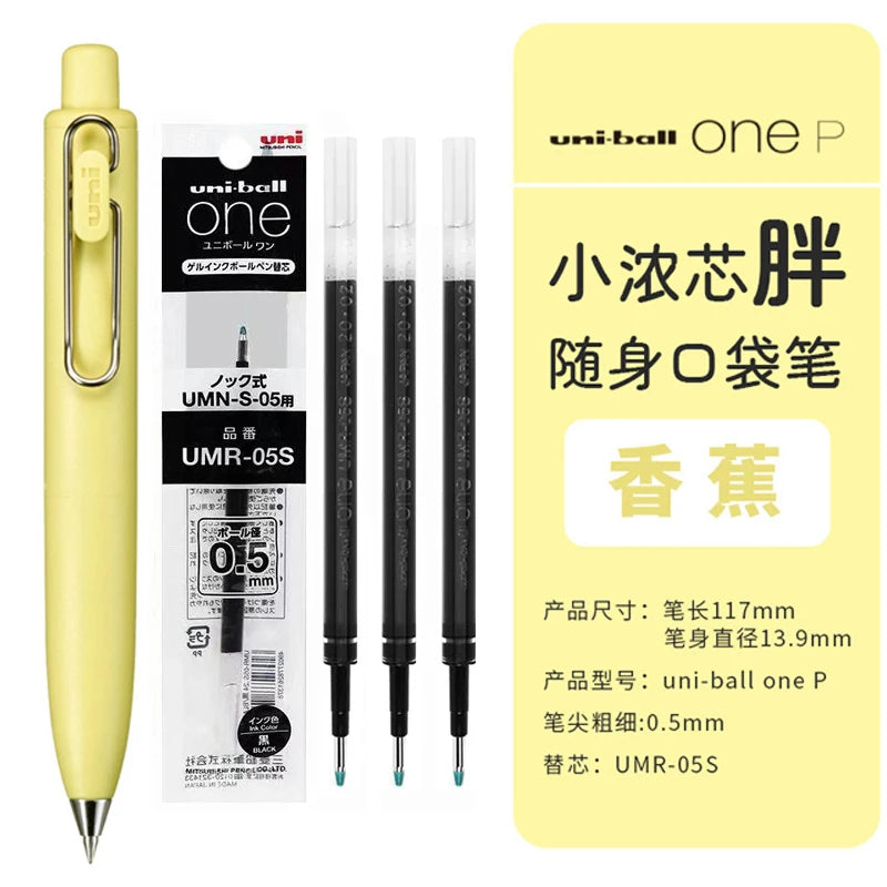 A yellow Uni-ball One P mini gel pen and replacement ink cartridge are shown.