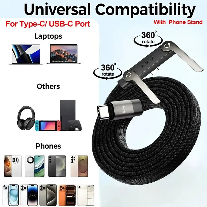 Black braided USB-C cable with integrated phone stand for universal compatibility