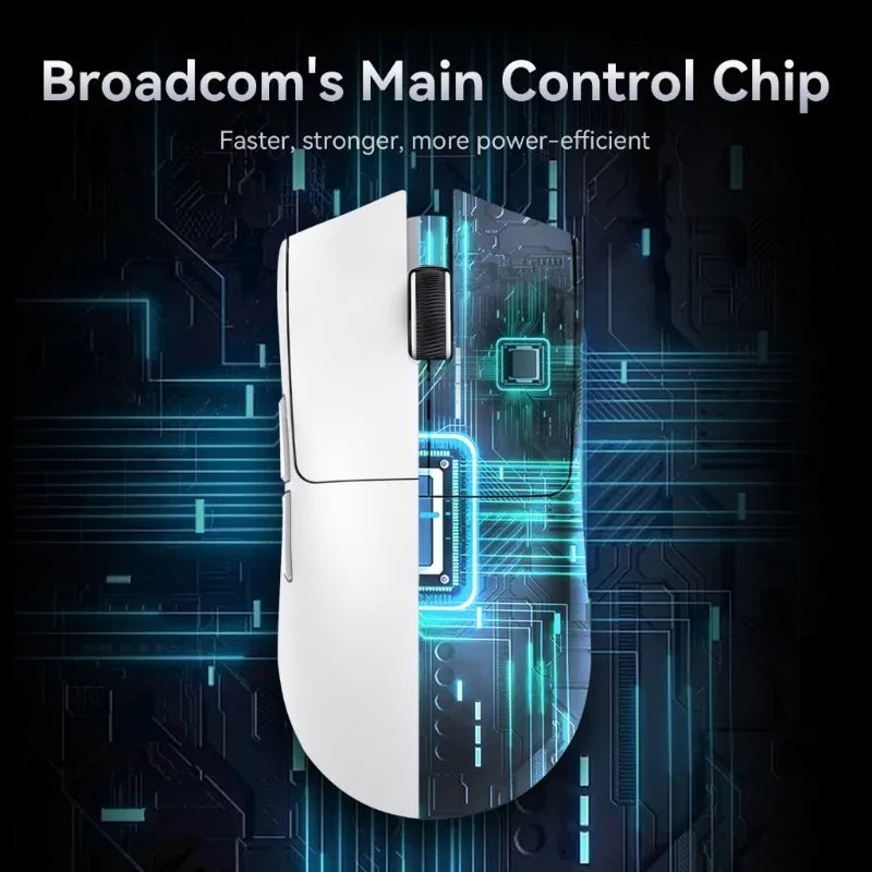 A white wireless gaming mouse is displayed against a dark background with blue circuit board patterns.