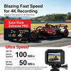A red Formula 1 car is shown in motion, with a SanDian Extreme PRO memory card displayed next to it.