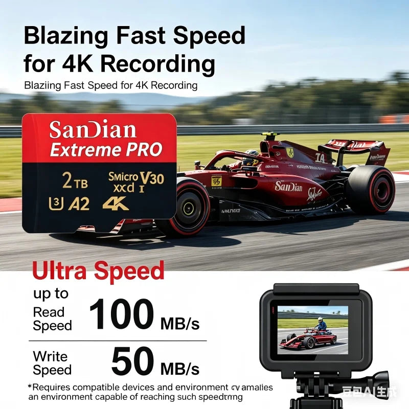 A red Formula 1 car is shown in motion, with a SanDian Extreme PRO memory card displayed next to it.