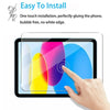 A hand is applying a tempered glass screen protector to an iPad, demonstrating an easy one-touch installation.