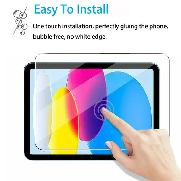 A hand is applying a tempered glass screen protector to an iPad, demonstrating an easy one-touch installation.