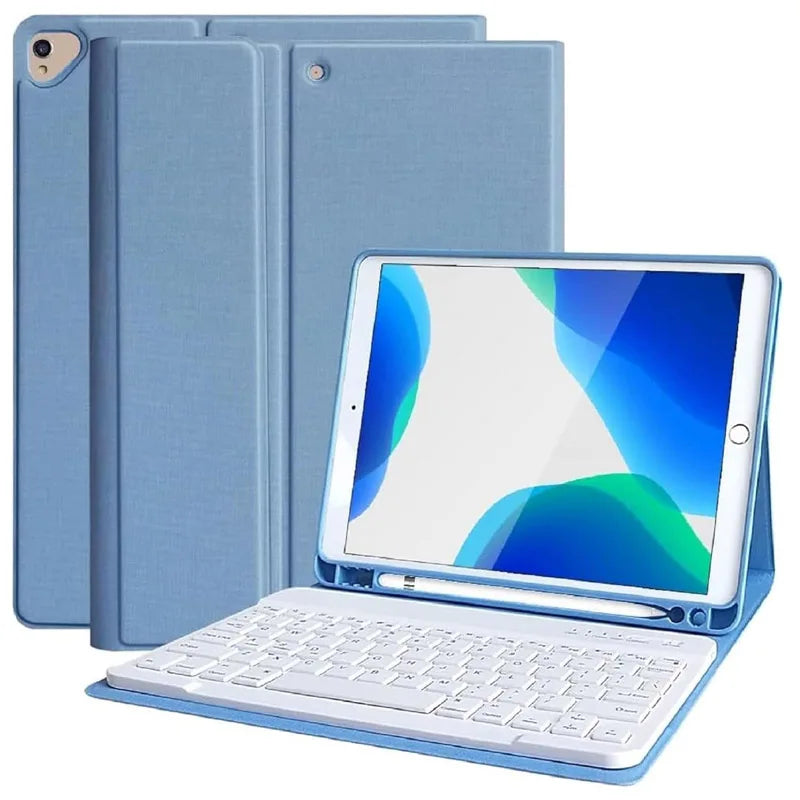 A light blue iPad 9.7-inch tablet is shown with a matching protective case and a detachable wireless keyboard.