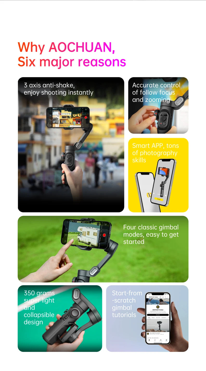 Marketing graphic showing six reasons to buy a 3-axis handheld gimbal stabilizer for smartphone, highlighting features like a